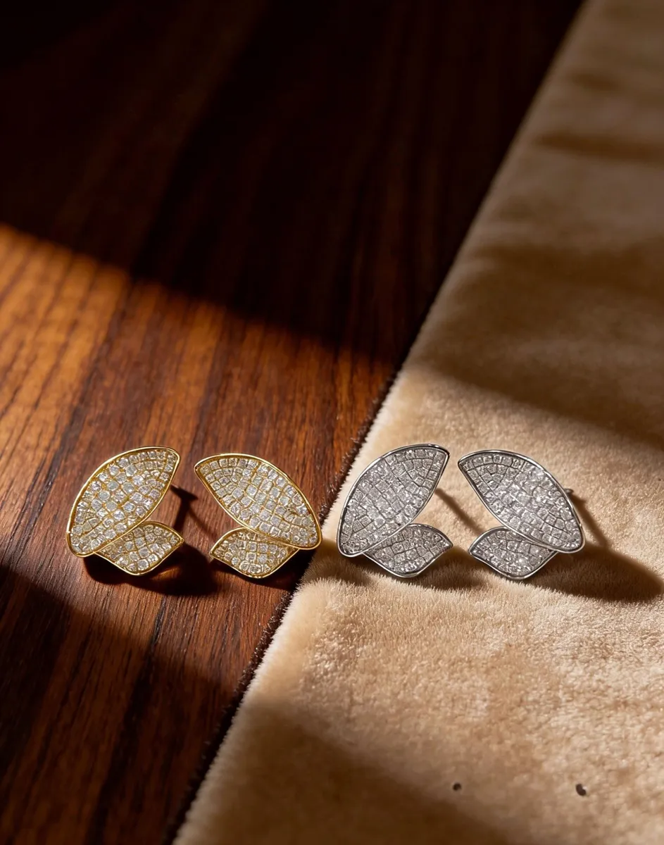 Pavé Diamond Leaf Stud Earrings view 1